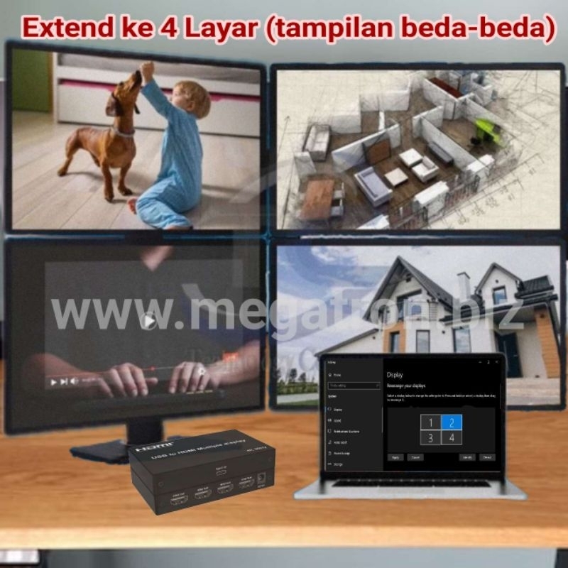 USB to 4 HDMI Multiple Display - Extend ke 4 Layar (tampilan beda-beda)