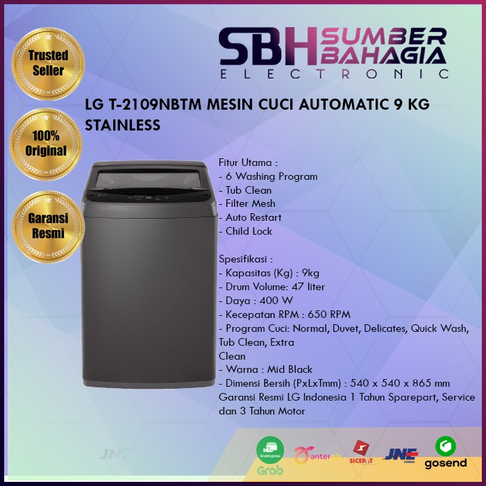 LG T-2109NBTM MESIN CUCI AUTOMATIC 9 KG STAINLESS (NEW)(KHUSUS BANDUNG