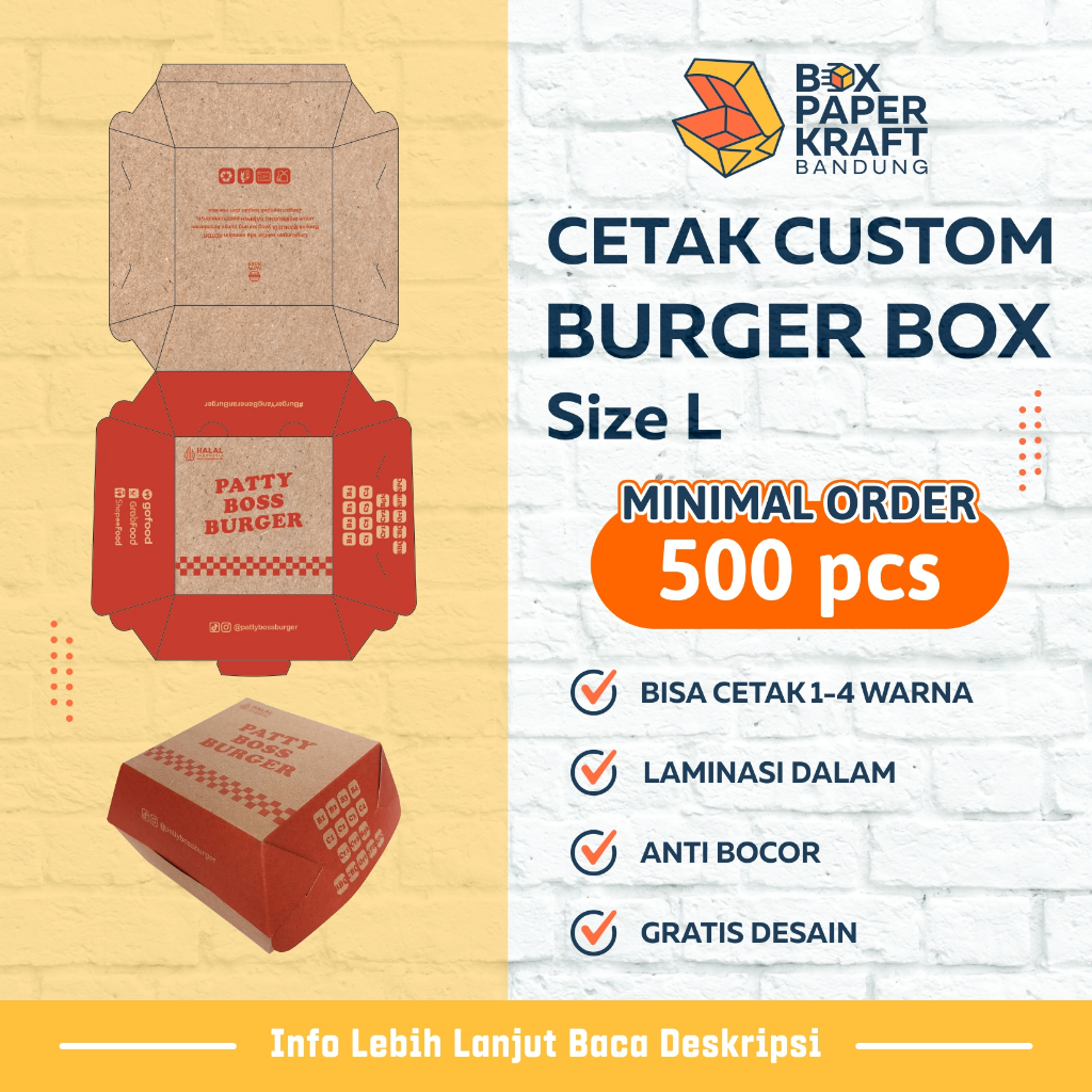 Custom cetak printing box burger size L kraft 290gr min 500 pcs