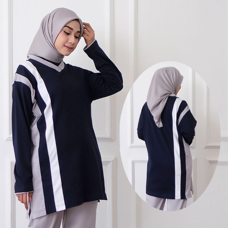 Baju Olahraga Muslimah Model Tunik Dewasa Navy lis putih Kaos Atasan Olahraga Hijab