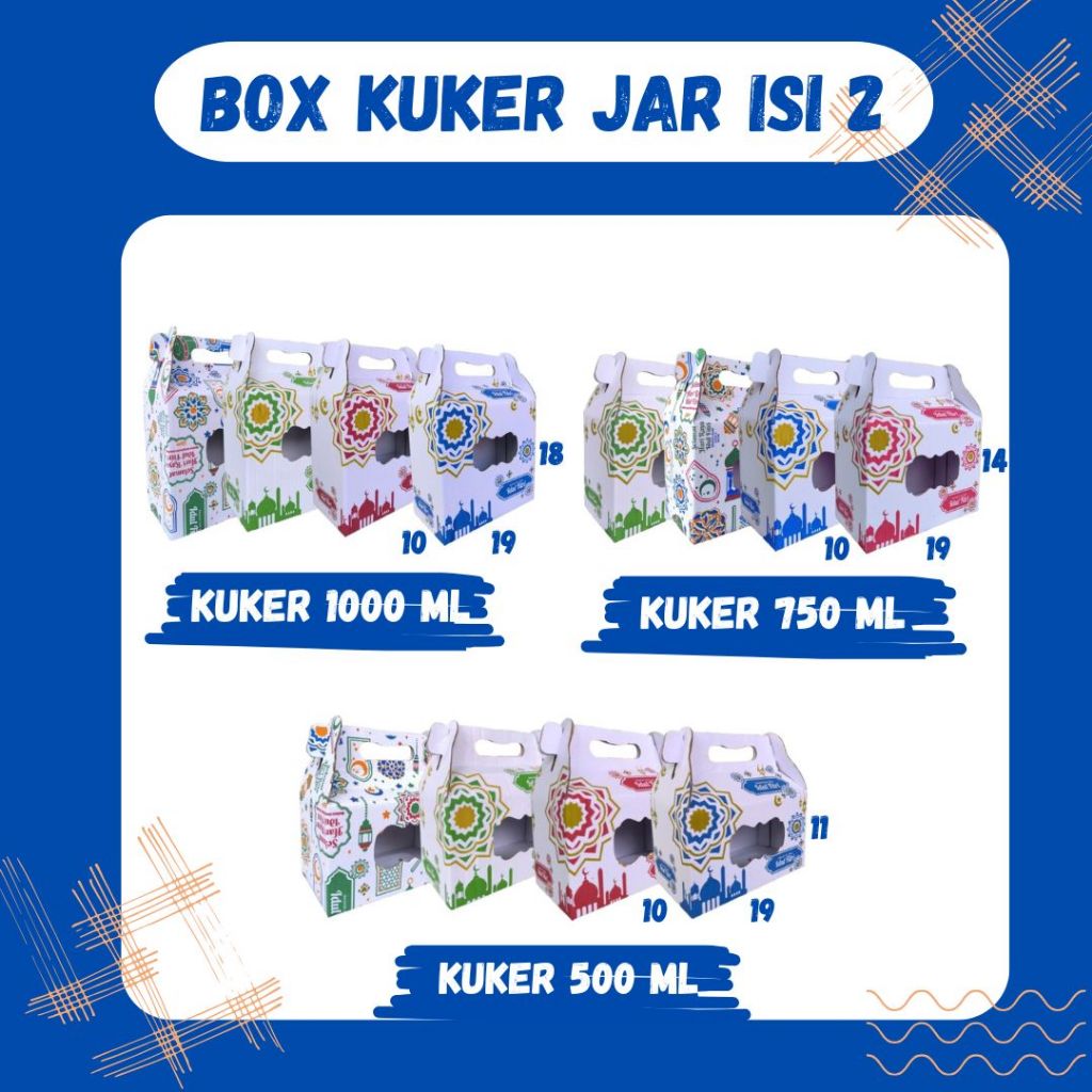 

Box Kuker Jar Isi 2 19x10x18 / 19x10x14 / 19x10x11 Kuker 500ml/750ml/1000ml Gable Box Kardus Kue Kering / Idul Fitri /Hampers / Lebaran / Gable Box Polos/Motif/Box Lebaran
