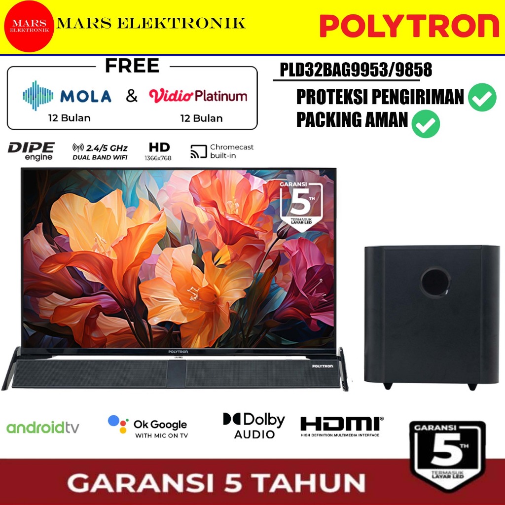 (INSTANT) TV LED POLYTRON PLD32BAG9953 ( MEDAN ) - 32 INCHI - SMART ANDROID MOLA TV - SOUNDBAR - PLD