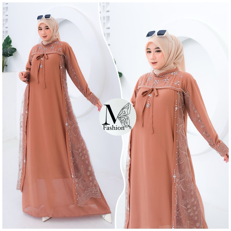 SI OLSHOP Gamis Pesta Mewah Nadhira Dress Muslim Bahan Ceruty Babydoll Mix Brokat Aksen Swarovski Pl