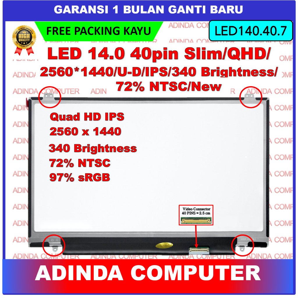 LED LCD Lenovo X1 Carbon Gen 2Rd 14.0 14 Inch 40 Pin 40pin Slim QHD Quad HD 2560*1440 IPS 340cd 72% 