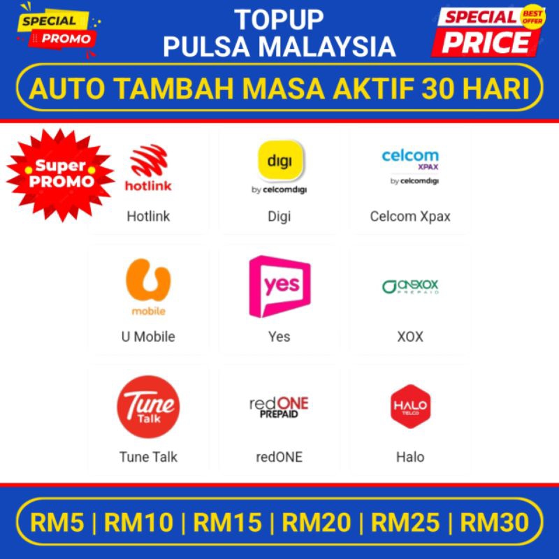 Topup Pulsa Malaysia Maxis Hotlink Umobile Digi Celcom TuneTalk Yes Onexox Halo Beone Redone