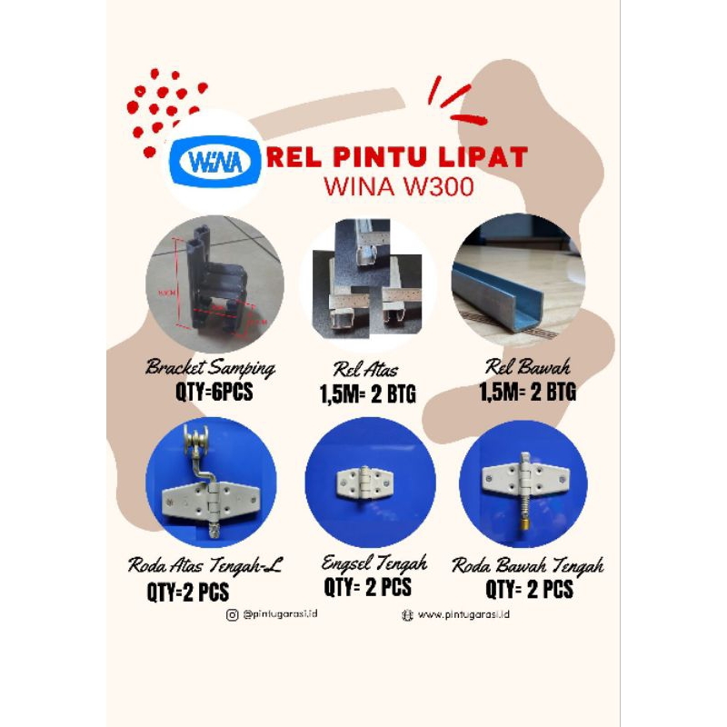 Rel dan Roda Pintu Lipat 6daun, bukaan 3:3 merk Wina W300