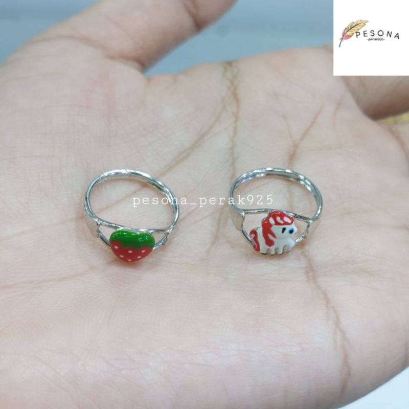 Cincin Perak Anak Asli Silver 925 Lapis Emas Putih Karakter Kuda Poni Strowberry - Perhiasan Perak A
