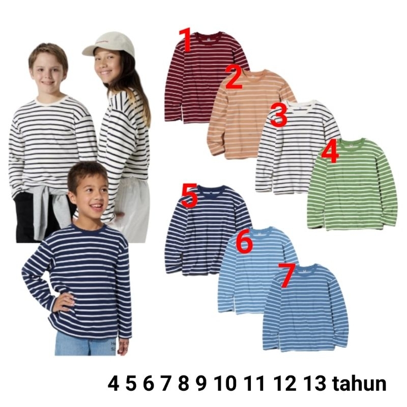 Baju kaos atasan lengan panjang anak laki perempuan Uniqlo salur maroon biru putih hijau coklat full