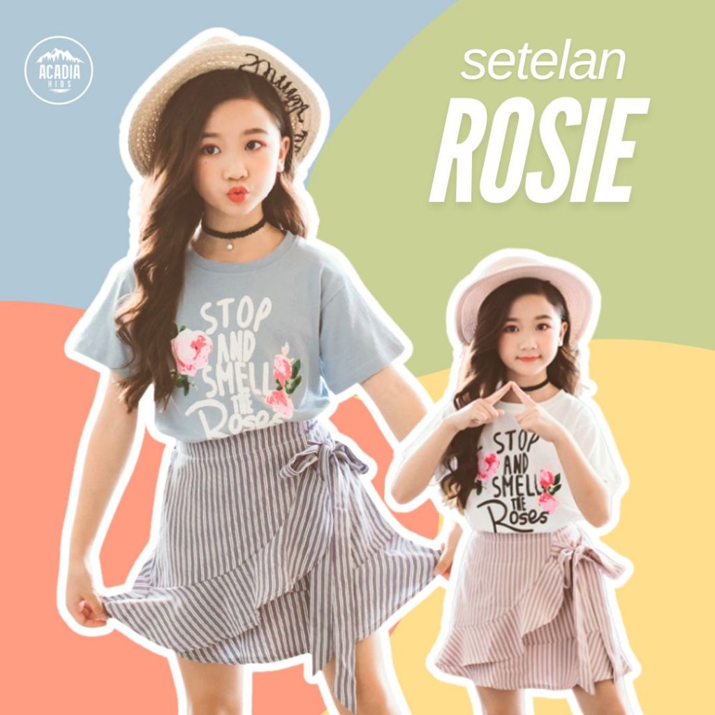 acadiakids Setelan Anak Perempuan 3-10 Thn Atasan Kaos Lengan Pendek Motif Grafik Rok Pendek Aksen P