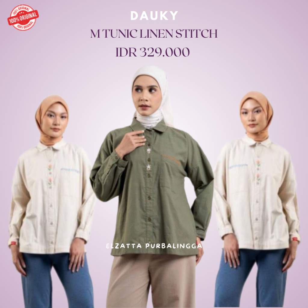 Dauky M Tunic Linen Stitch Tunik Wanita Polos Bordir Bahan Linen Premium Full Kancing Hidup Busui Fr