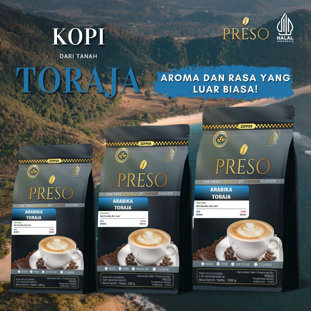 

PRESO Kopi Arabika Toraja Premium Halal - Rasa Dark Chocolate, Sweet, Fresh (200g/500g/1000g)