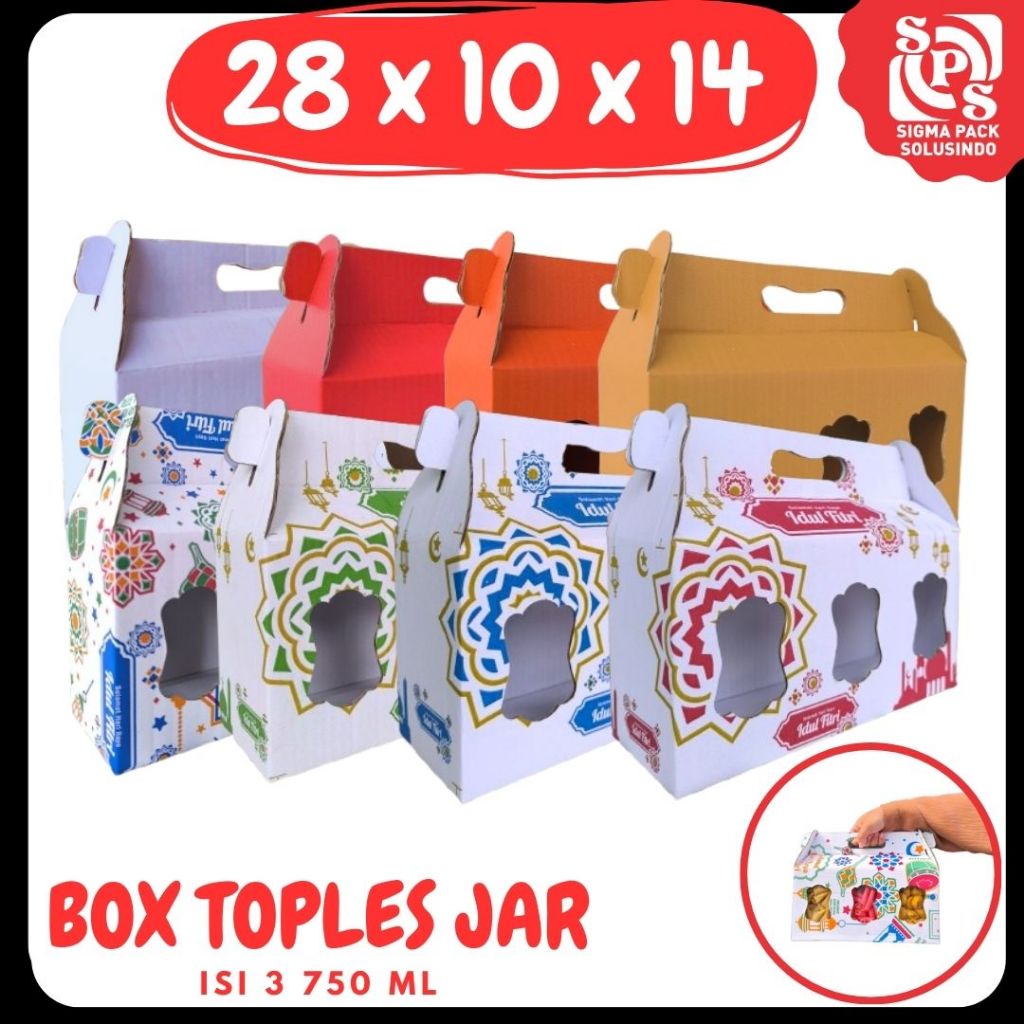 

Box Kue Kering 28x10x14 Jinjing (KUKER TOPLES JAR 750ml ISI 3) Box Jinjing Kardus Lebaran Idul Fitri Hampers Polos/Motif