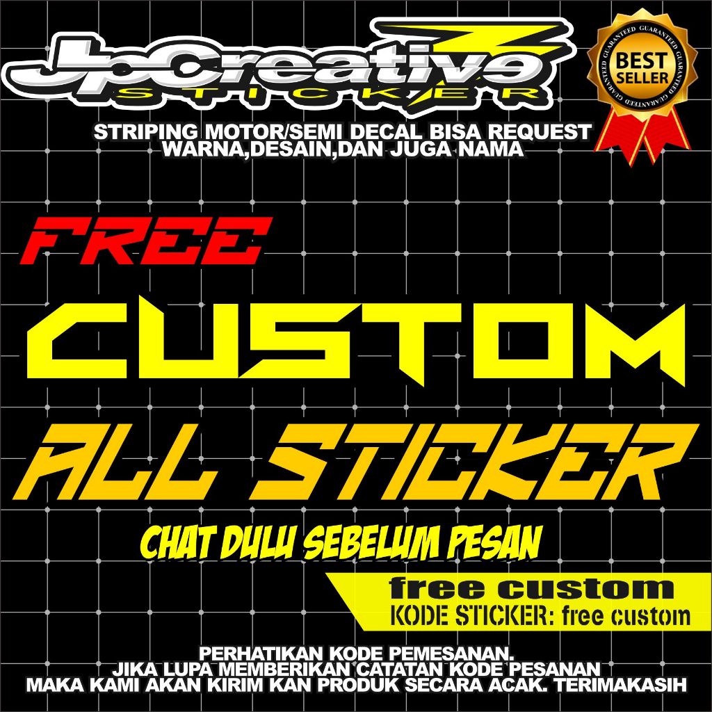 

FREE CUUSTOM DESAIN SEMUA JENIS STICKER HARGA BISA MENYESUAIKAN CETAKAN DIJAMIN PALING MURAH CHAT DULU SEBELUM CHECKOUT