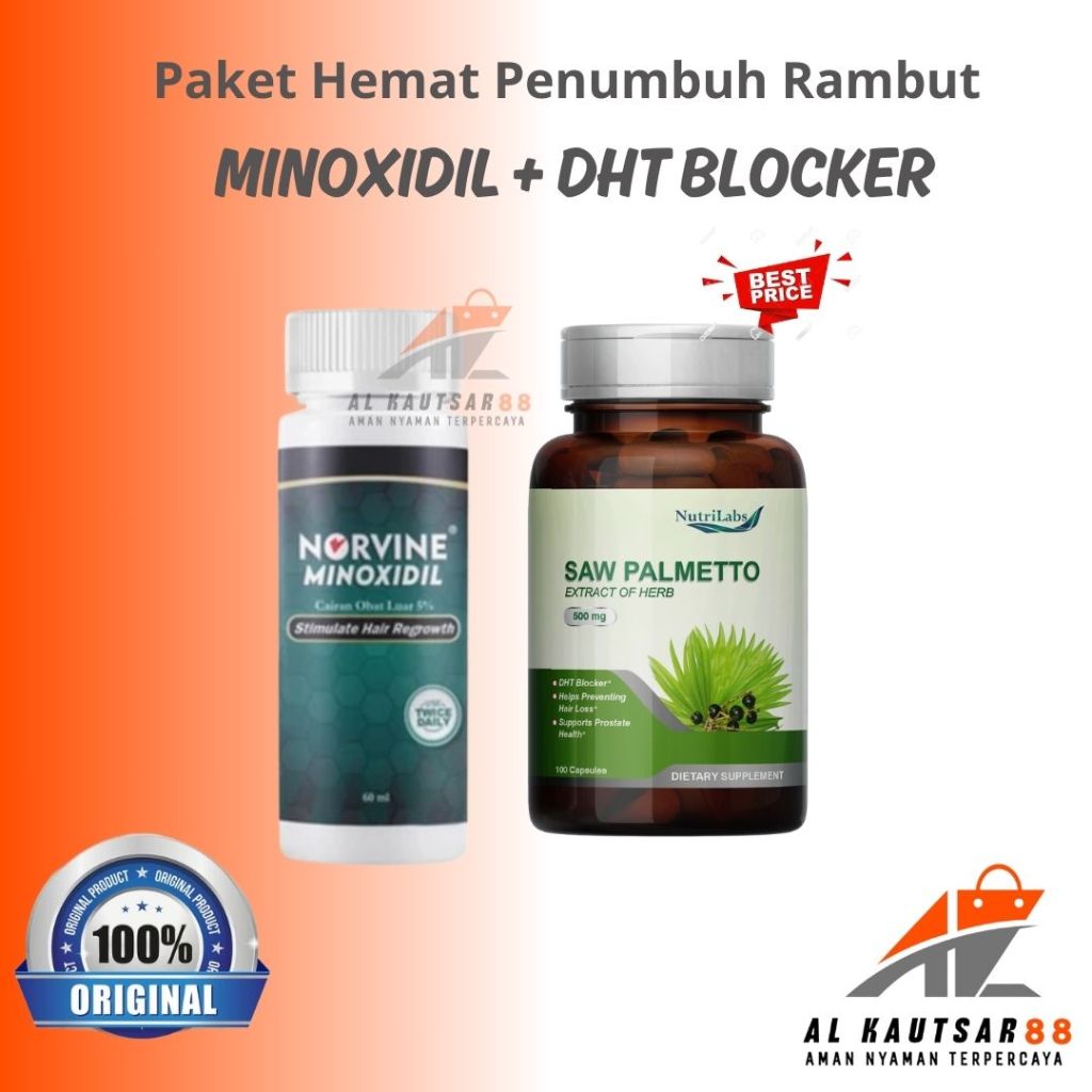 Paket hemat Minoxidil norvine + DHT  Blocker alami saw palmetto herbal penumbuh rambut