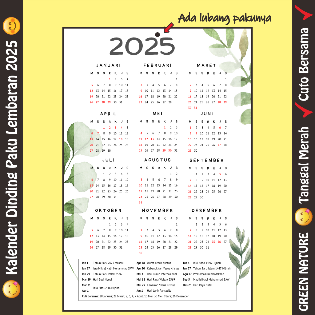 

[RUANG KREATIF] | GREEN NATURE | Kalender Dinding Paku - Kalender Dinding - Kalender Paku - Kalender Cantelan - Kalender Aesthetic - Kaleder Cute - Kalender Selembar | Tema Green Nature - Alam | Ukuran A4 (Besar) - A4 (Kecil)