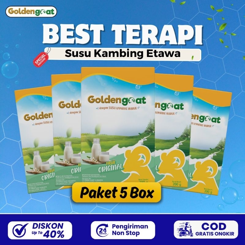 

PAKET 5 BOX GOLDENGOAT SUSU KAMBING ETAWA BUBUK ORIGINAL MURAH ATASI SESAK NAFAS NYERI SENDI TULANG LUTUT PUNGGUNG REUMATIK