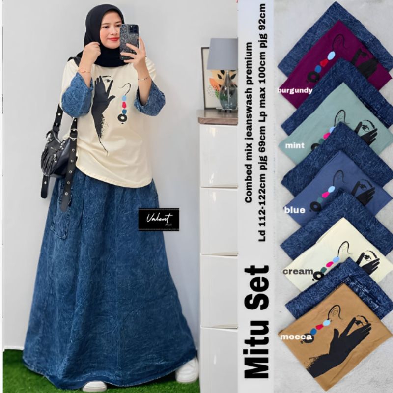 mitu set rok jeans wash kaos combad panjang