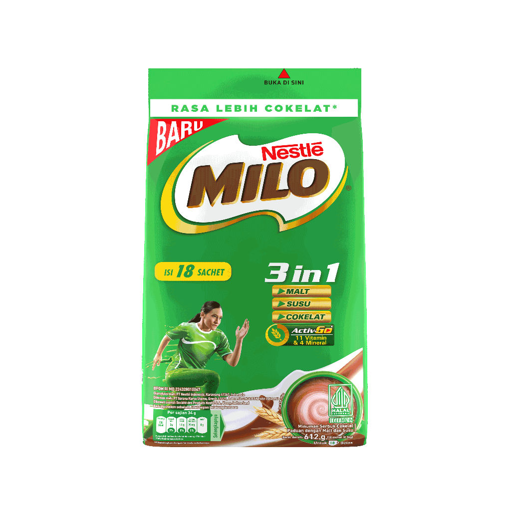 

NESTLE MILO 3 IN 1 ACTIVE-GO MALT SUSU COKELAT 612gr x 18 SACHET @34gr