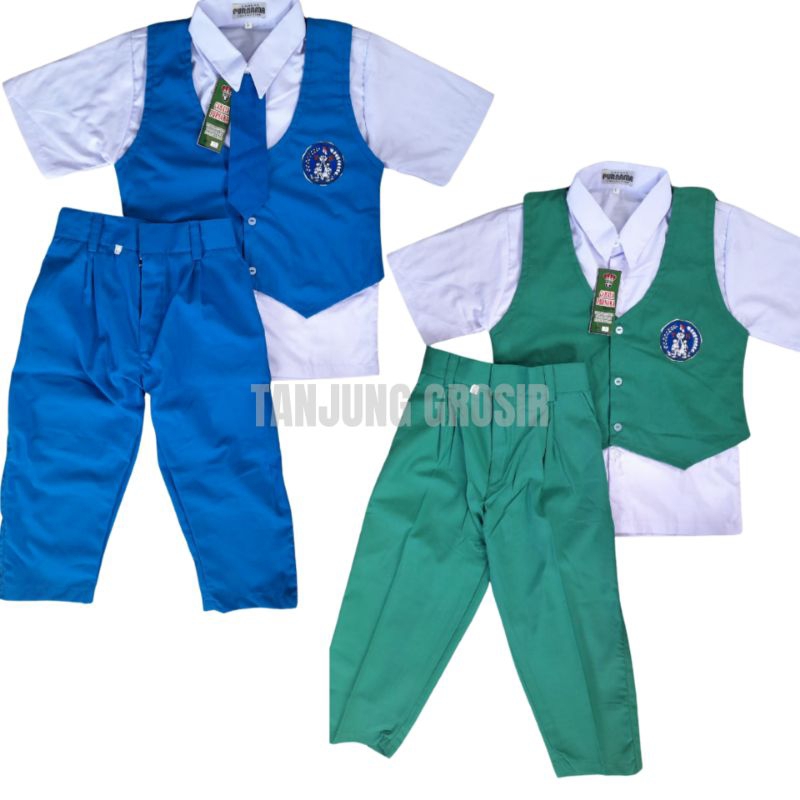 SETELAN SERAGAM PAUD DAN TK RA PGRI BAJU PENDEK CELANA PANJANG COWOK WARNA BIRU PUTIH PGRI DAN HIJAU
