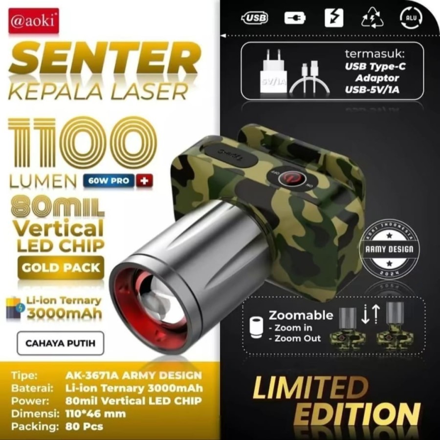 SENTER KEPALA AOKI LED ZOOM  AK-3671A ARMY - PUTIH 3671K/1100 LUMEN ARMY
