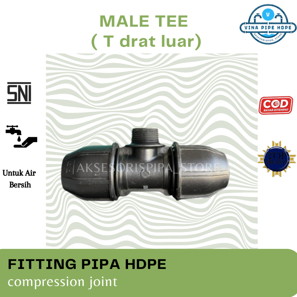male tee hdpe atau T hdpe drat luar ukuran 50mm x 1 1/2 inch