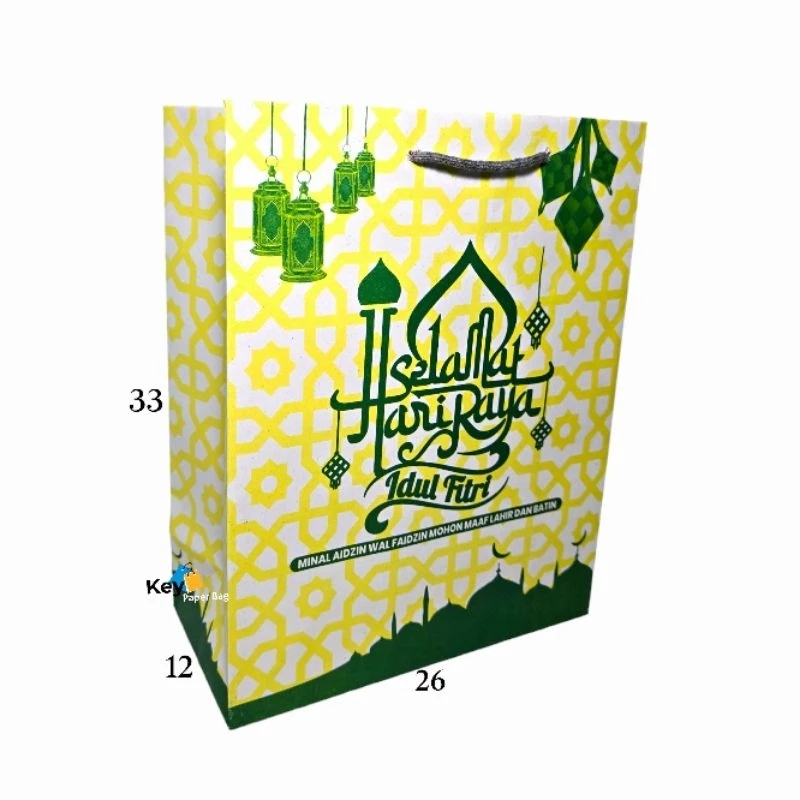 

Paper Bag Lebaran Idul Fitri Paper Bag Bingkisan Hari Raya Bahan White Kraft Warna Hijau Tali Abu Abu Ukuran 26x33