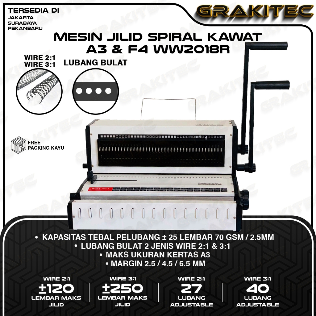 

Mesin Jilid Spiral Kawat WW2018R 3:1 & 2:1 F4 & A3 Lubang Bulat Premium GRAKITEC Bisa Untuk Kalender Buku Dan Lain nya