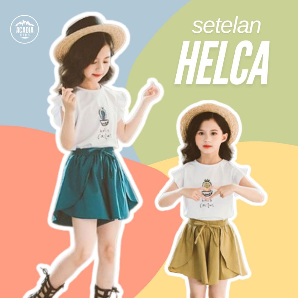 Acadiakids - Setelan Anak Perempuan Kaos Lengan Pendek Motif Kaktus Set Celana Pendek Polos Tali Pit