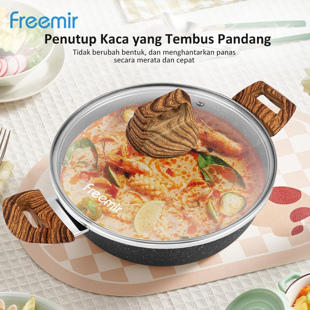 RB freemir Wajan Panci Kuping 24 CM Anti Lengket Woody Marble Tutup Kaca
