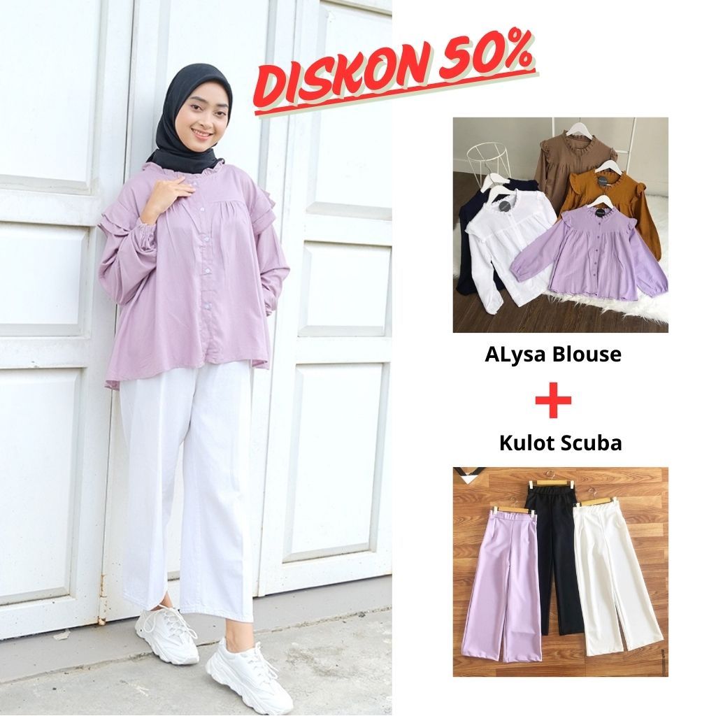 1 paket set atas bawah || ALYSA BLOUSE KANCING REMPEL || KEMEJA WANITA KATUN POLOS KULOT SCUBA CUBIT
