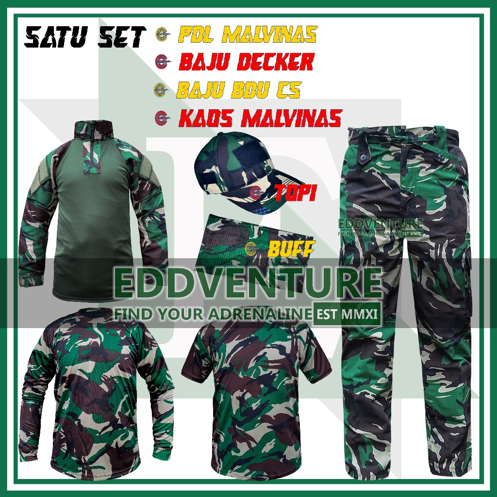Full Set Setelan Pakaian Seragam Kaos Baju Decker BDU CS Celana Panjang Topi Buff Loreng Malvinas Ta