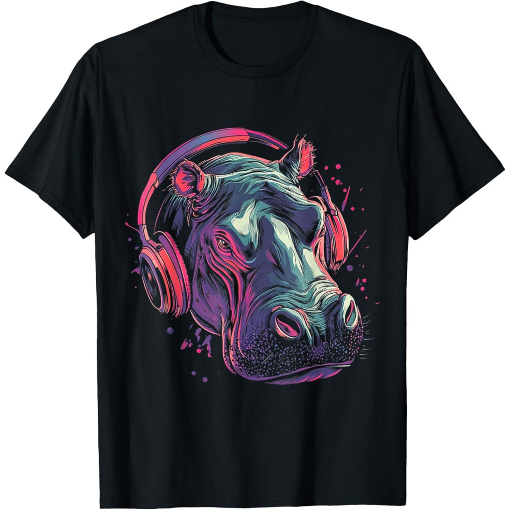 Ilustrasi Headphone Musik Grafis Hewan Kuda Nil Kaos Kuda Nil