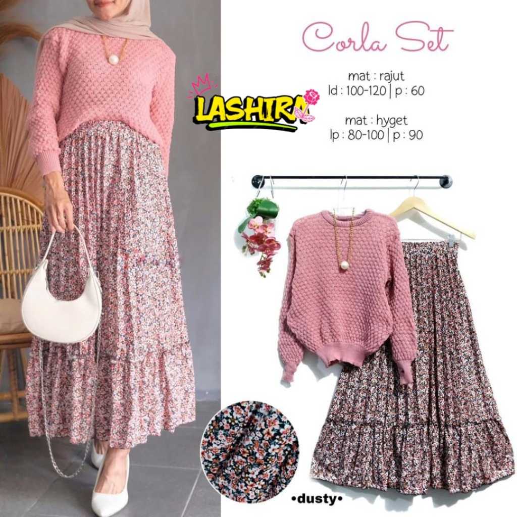 Blouse Rajut Setelan Wanita Rok Plisket Motif One set Corla Korean Style Ootd hijabers Terbaru