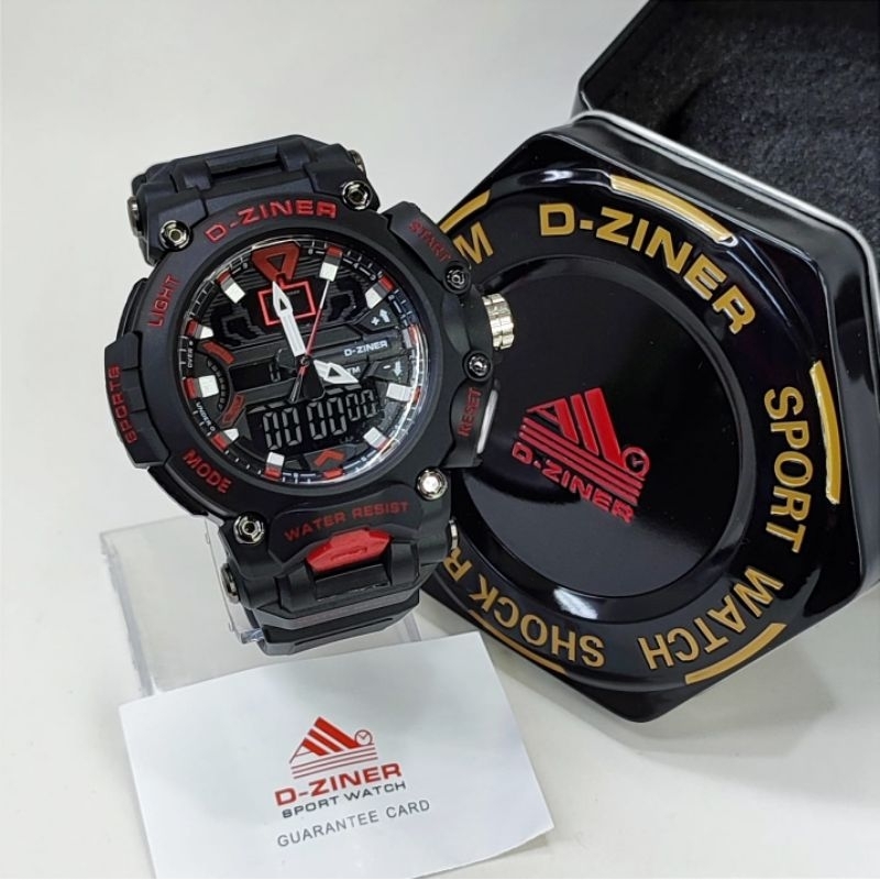 Jam Tangan Pria D-Ziner 8298 Daul Time Analog Digital Water Waterproof Tali Rubber Free Box