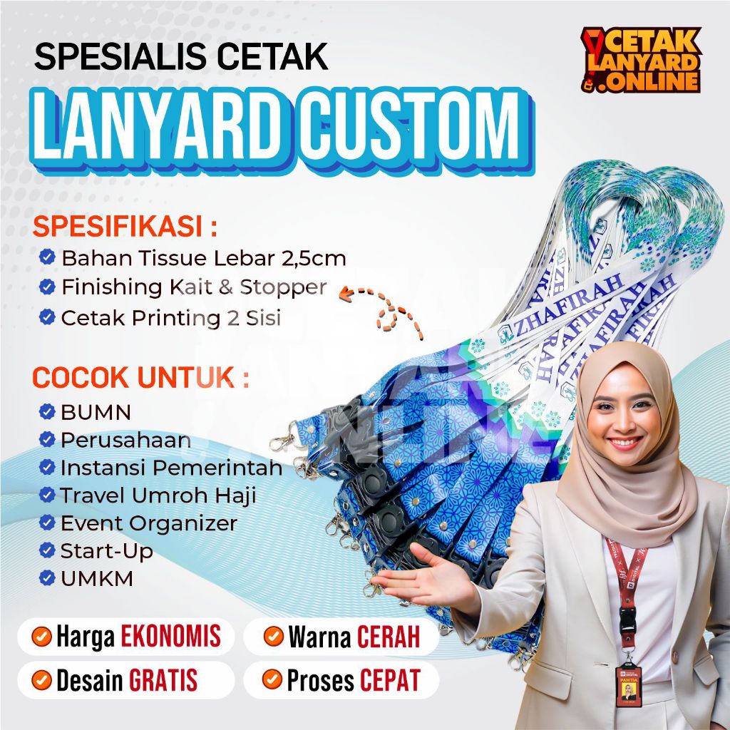 

Lanyard Custom Stopper Bahan Tissue Lebar 2,5 Cm Cetak 2 Sisi / Bisa Satuan / Free Desain