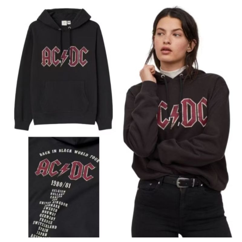 Hoodie h&m Cotton acdc tour black printed Pria Wanita