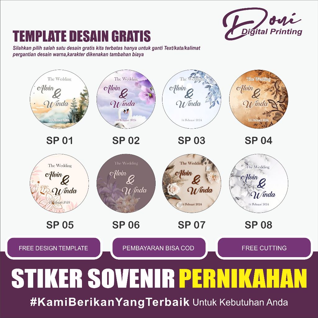 

Promo Cetak Stiker Label Stiker Chromo A3+ Untuk Label Souvenir Pernikahan / Stiker Wedding / Custom Nama Free Cutting Kiss Cut