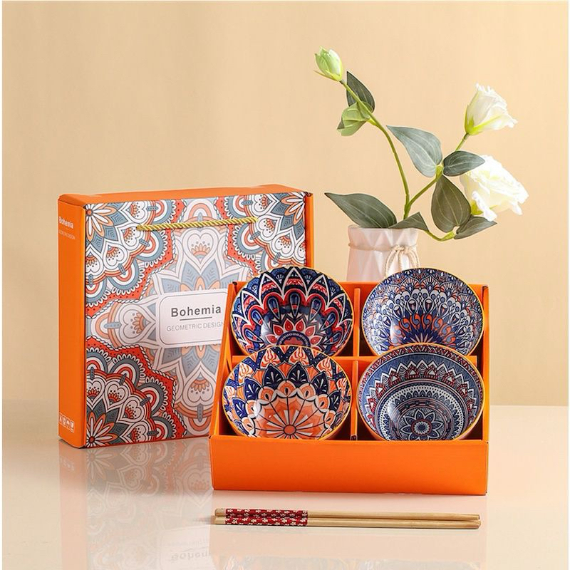 Mangkok Set isi 4 + Sumpit Hampers Mangkuk Jepang Sakura Keramik Souvenir Gift Mewah Porcelain