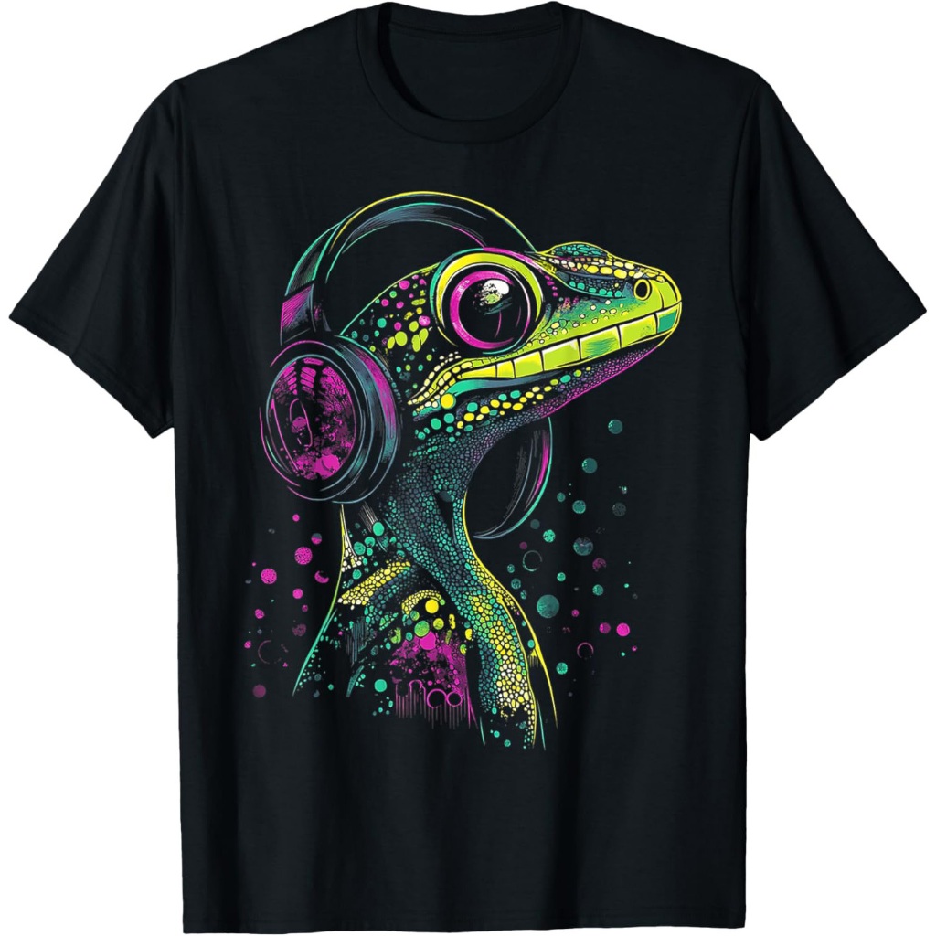 Kaos Motif Hewan Gecko Musik Headphone Seni Gecko