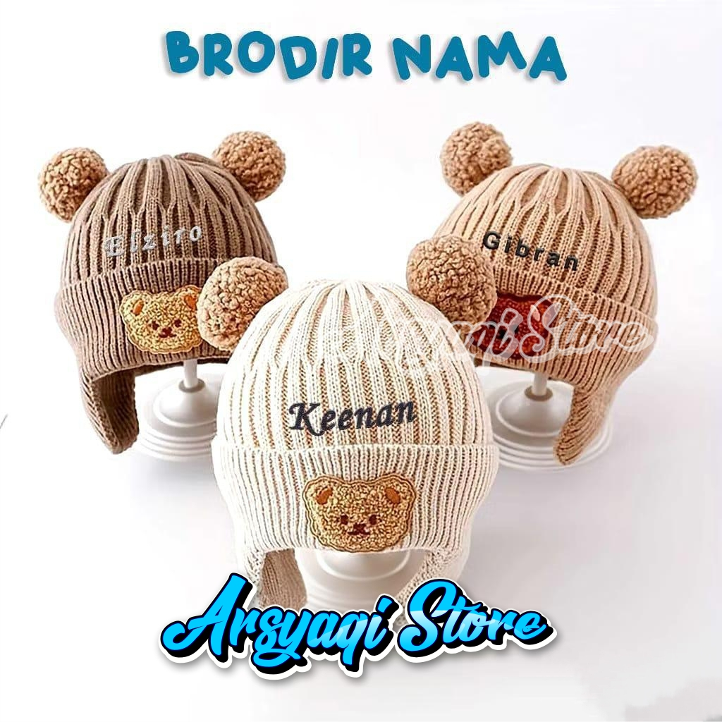 Topi Kupluk Rajut Anak Bayi Bear Korea Free Bordir Nama