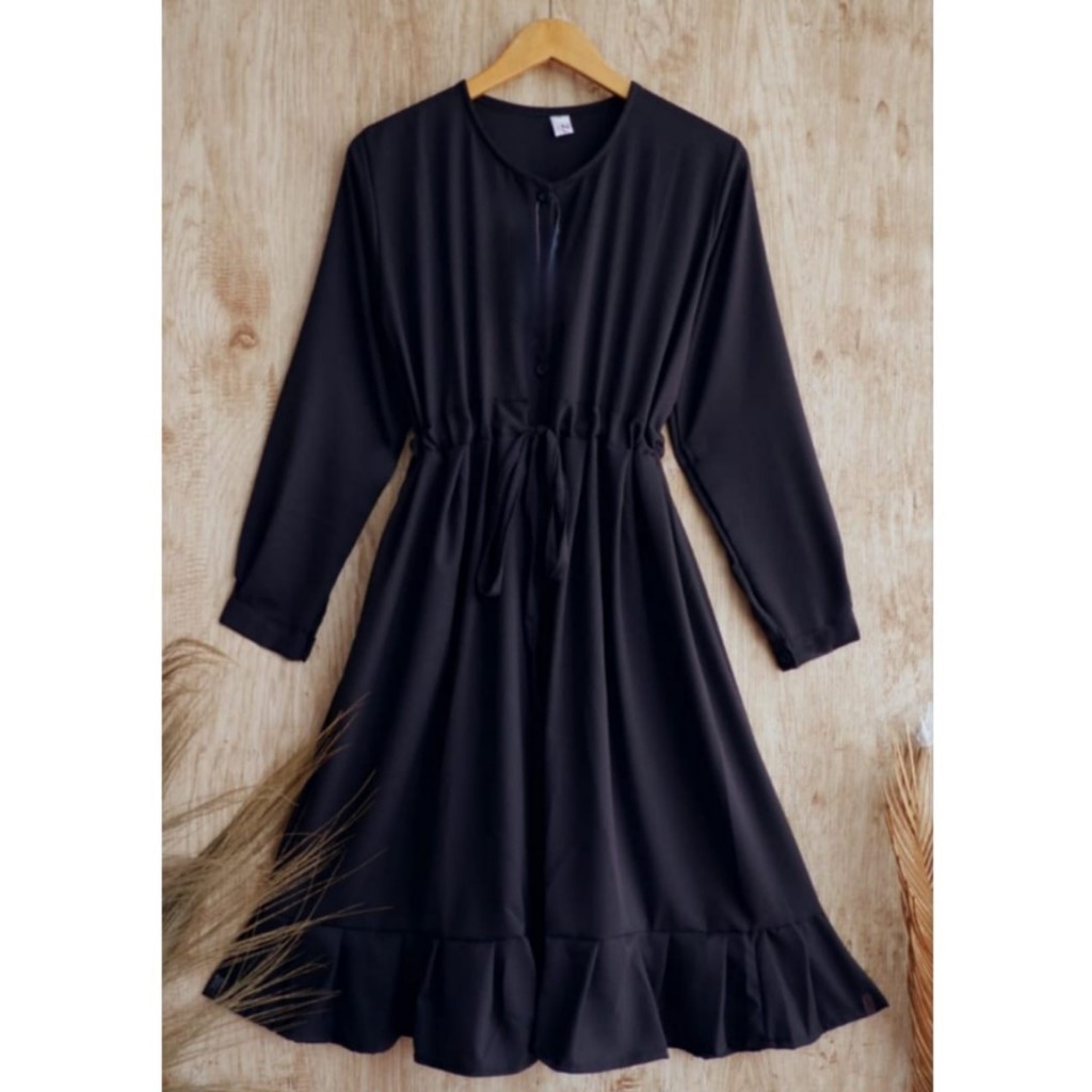 Long Dress Tunik Serut Pinggang Polos Wanita By Azka Collection