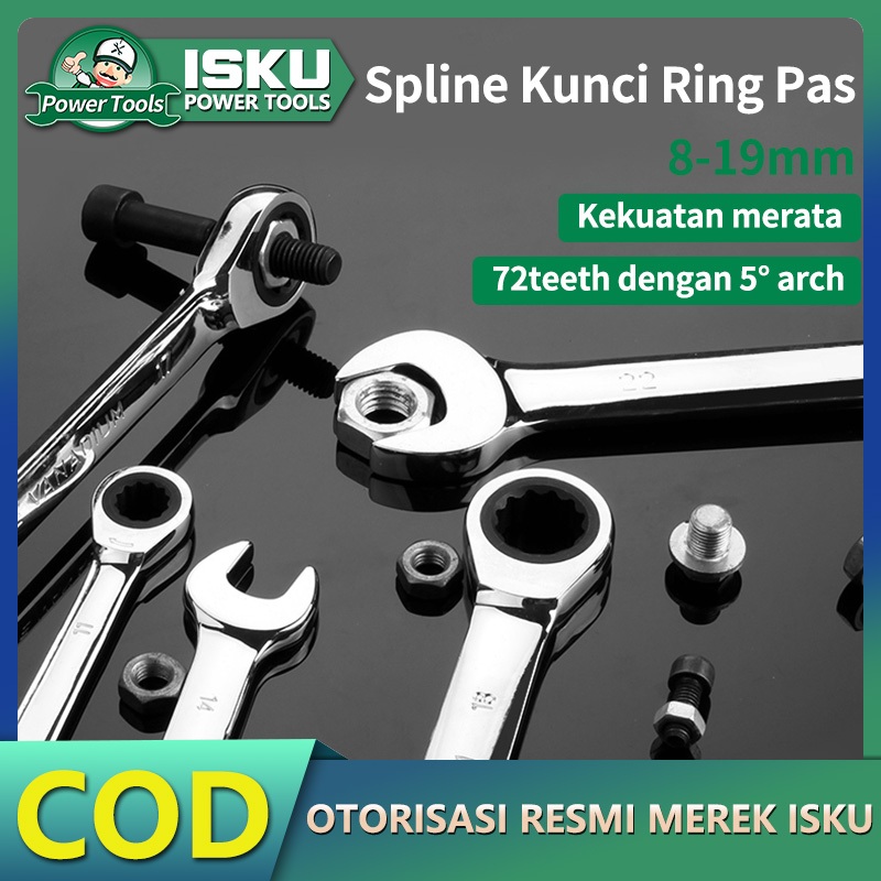 ISKU Gagang Ring Ratchet Wrench Kunci Ring Pas Set 8-19mm 72gigi Kunci Ring Pas Rachet Kunci Ring Pa