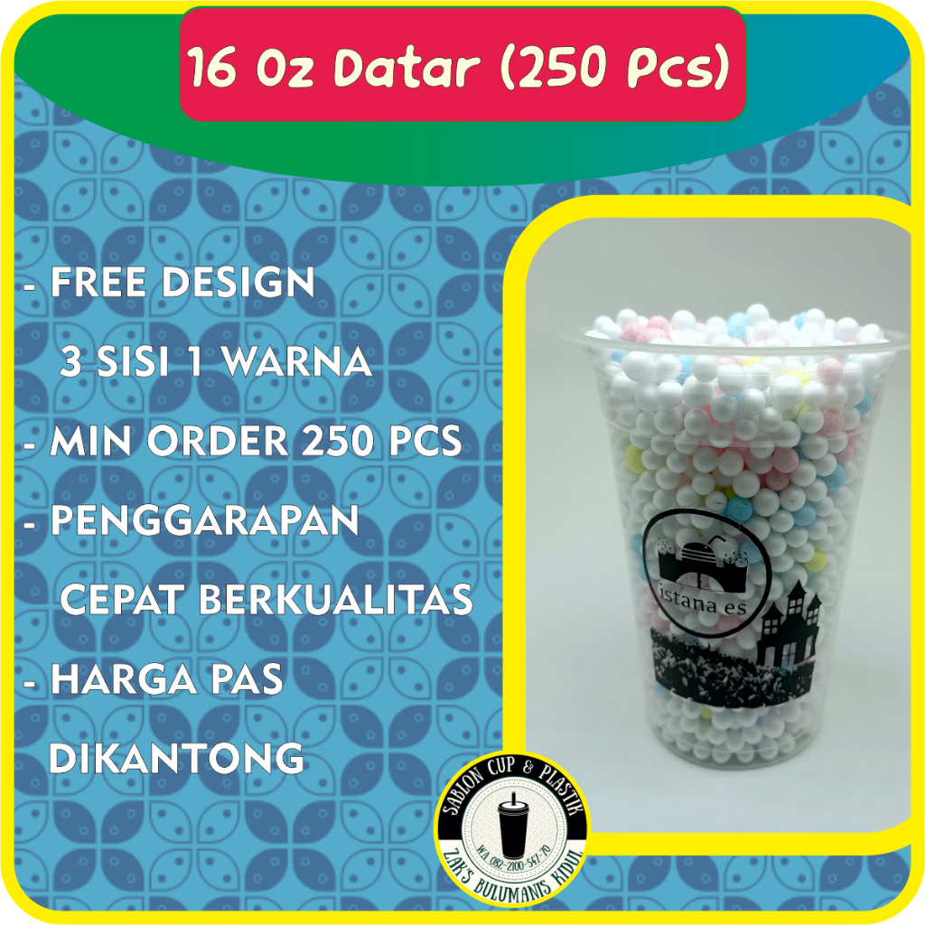 cetak sablon gelas plastik 16 Oz Datar