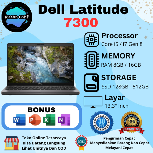 Laptop Dell Latitude 7300 Core i5 / i7 Gen 8 RAM 8GB / 16 SSD 128GB - 512GB, Layar 13,3 "inch