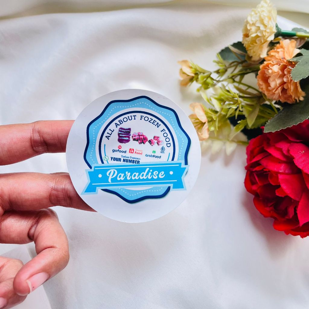 

Cetak Stiker Vinyl Frozen Food Sticker Label Makanan Beku Basah Anti Air Free Desain Custom Nama