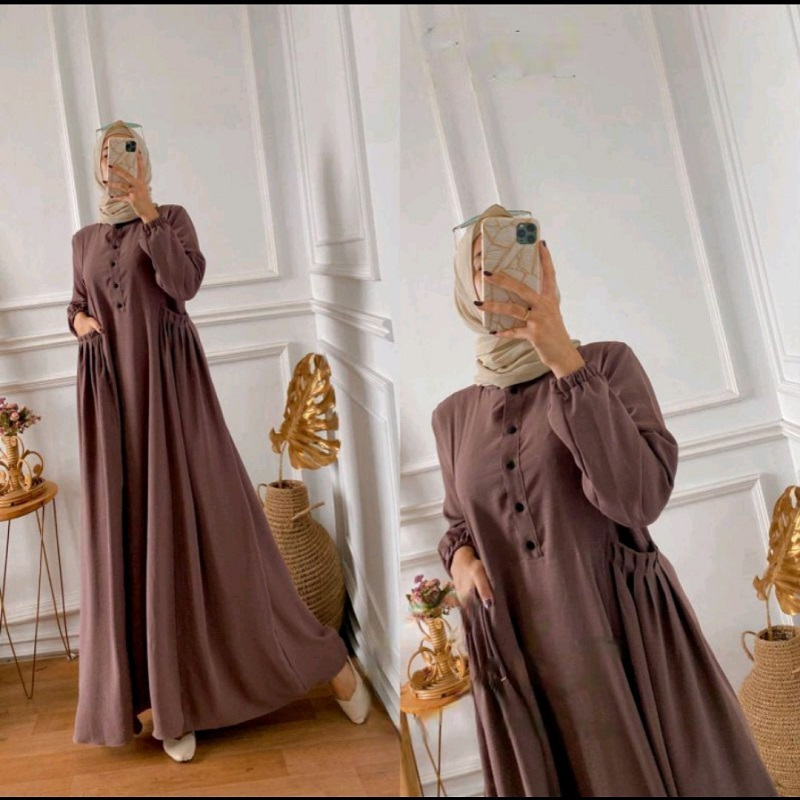 Gamis Cika Jumbo Ld 120 / Gamis Polos Hitam Crinkle Airflow Bumil Busui Kancing Depan Tali Pingang