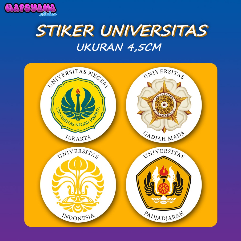 

Stiker Universitas UI IPB ITB UGM UNAIR UNDIP UNJ UNPAD Ukuran 4,5cm Stiker Laptop Stiker Hp