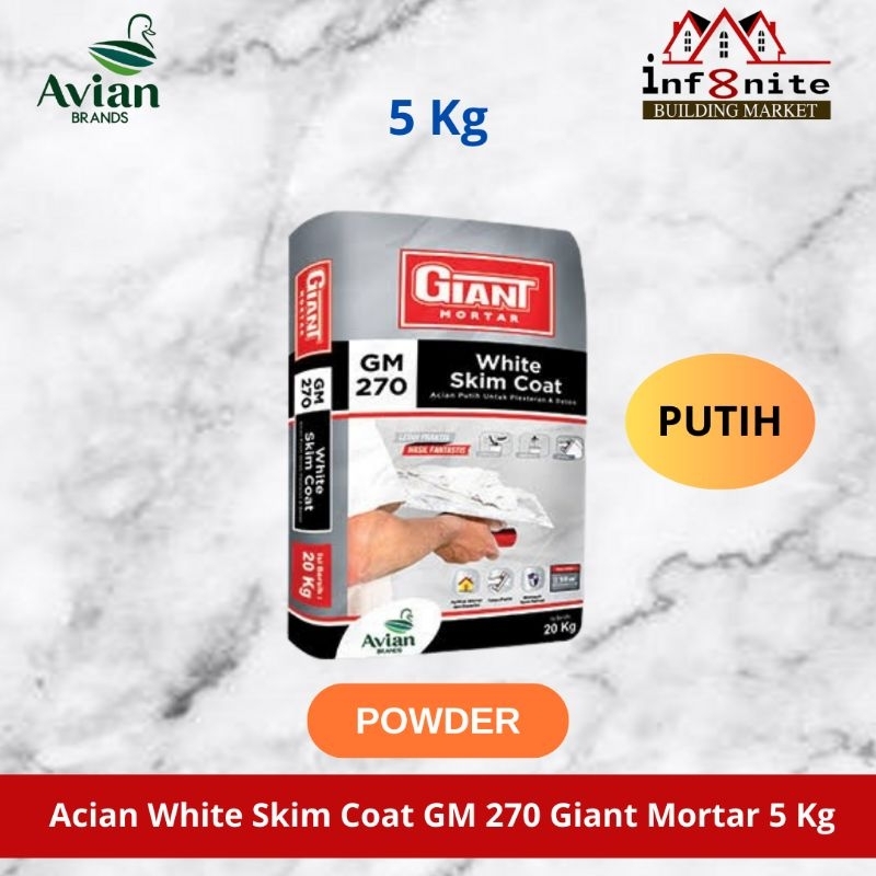 Semen Acian Instan White Skim Coat Instant GIANT MORTAR GM-270 Putih 5 KG