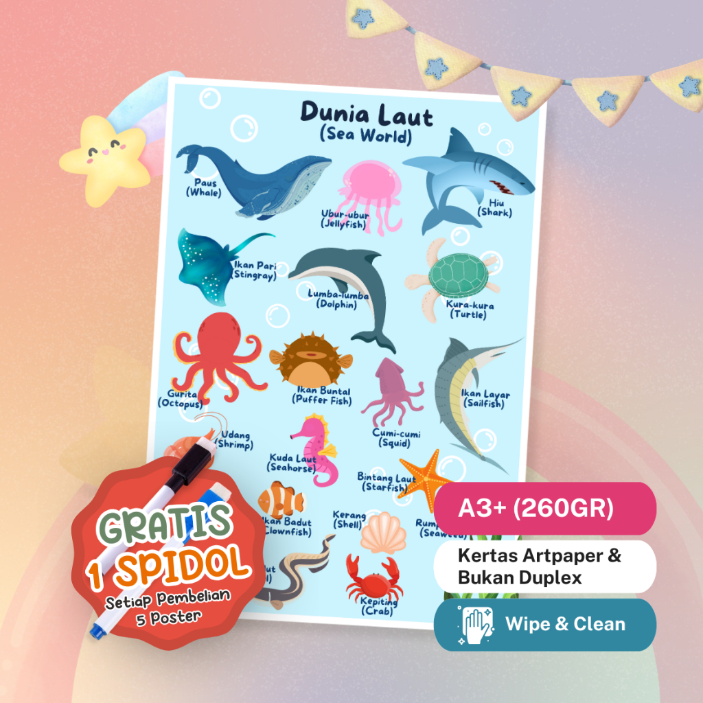 POSTER LAMINASI Hewan Laut Sea World / Poster Hewan Laut | Poster Edukasi Anak