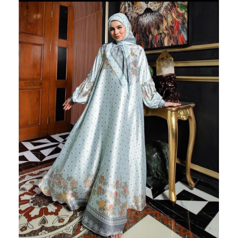 Gamis printing set hijab by SS Shellasaukia warna abu abu muda